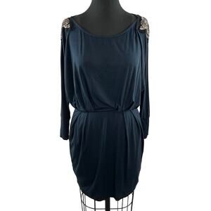 LUSH Womens Navy Blue Beaded Shoulder Long Sleeve Blouson Mini Dress Size M